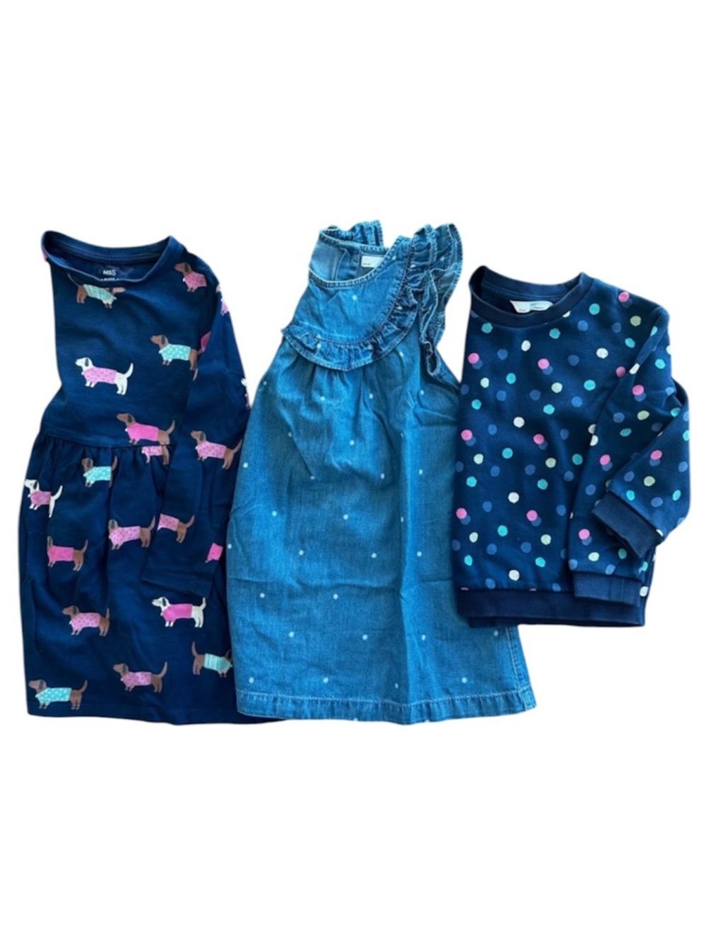 Marks & Spencer Bundle Navy Dog Dress Denim Spot Dress Multicolor Spot Sweater